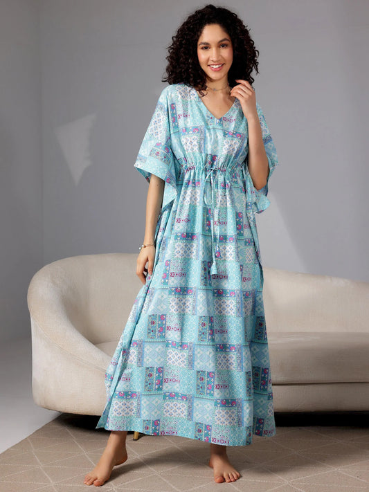 BHAYLI'S OCEAN BREEZE PRINTED COTTON KAFTAN