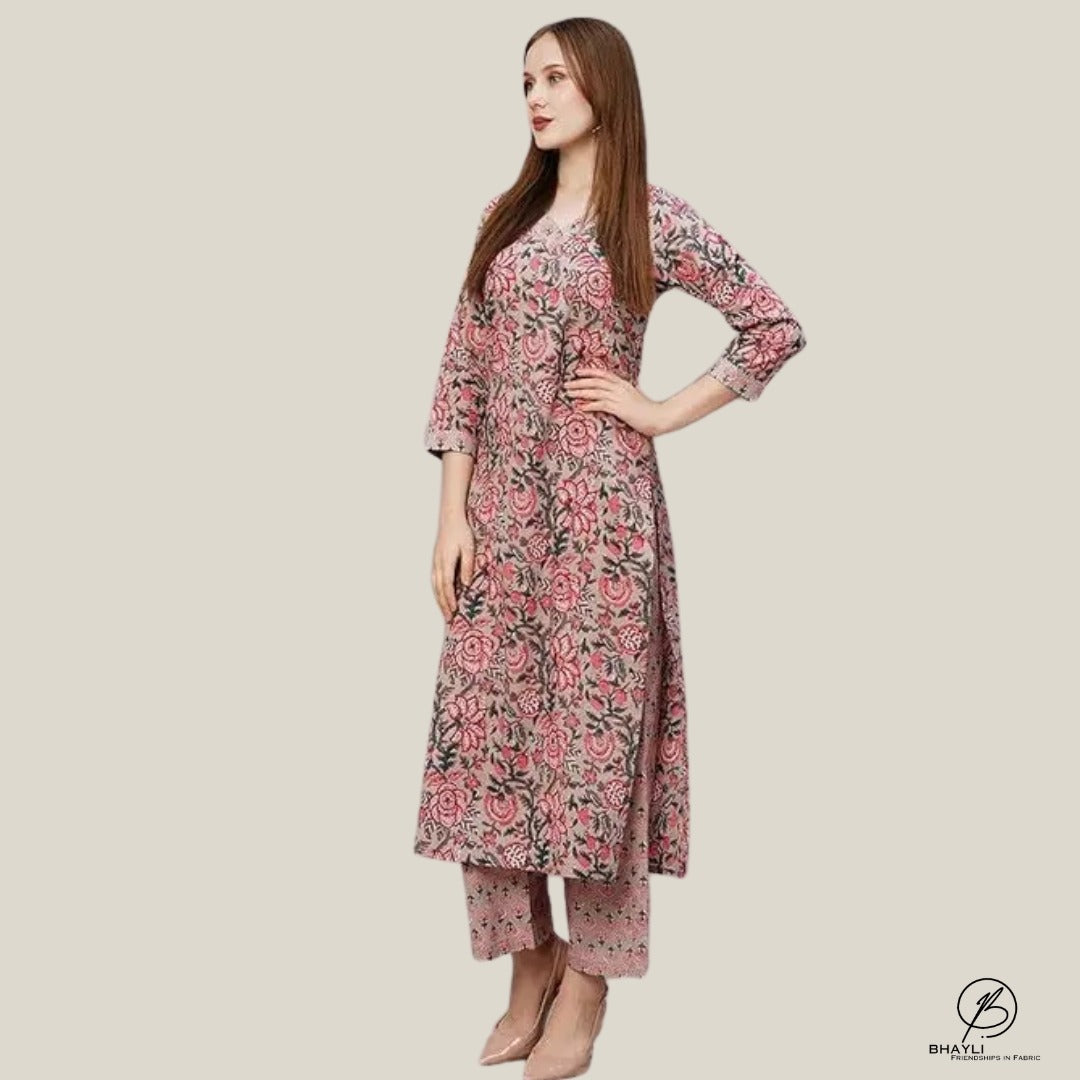 Bhayli's Peach Bliss Cotton Kurta Palazzo Set