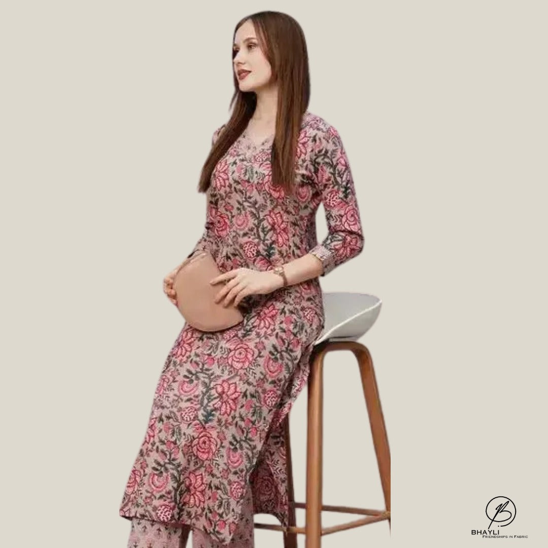 Bhayli's Peach Bliss Cotton Kurta Palazzo Set